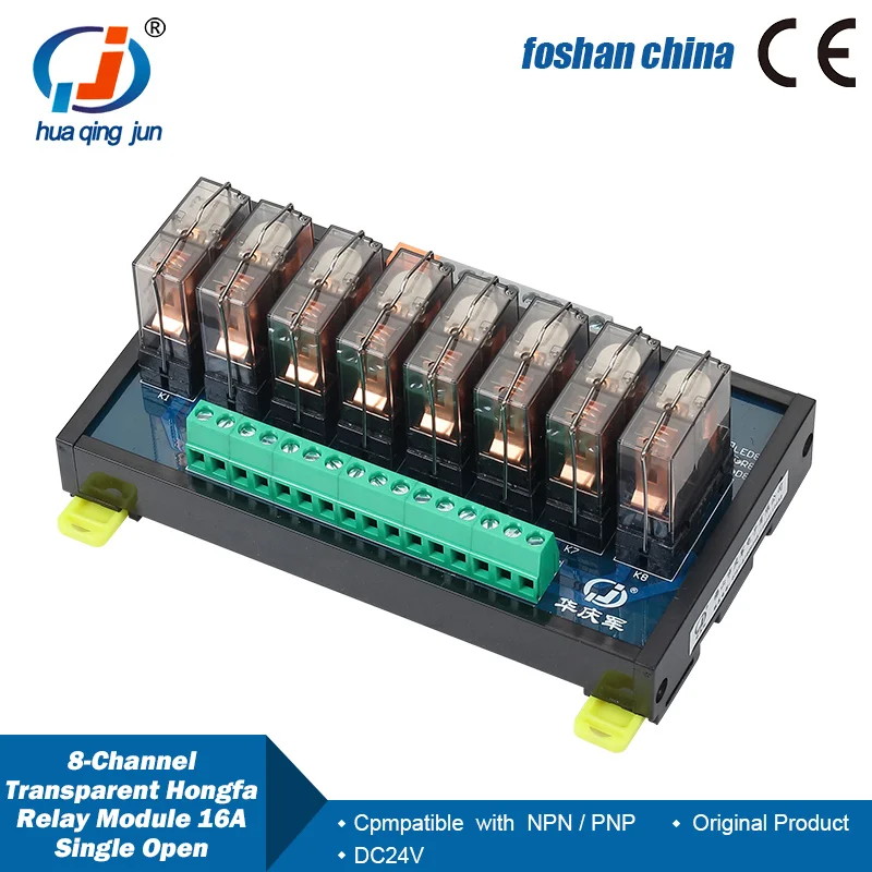 Chingjun 8-Channel Transparent Single Open Hongfa Relay Module 16A DC24V Electromagnetic Relays for PLC