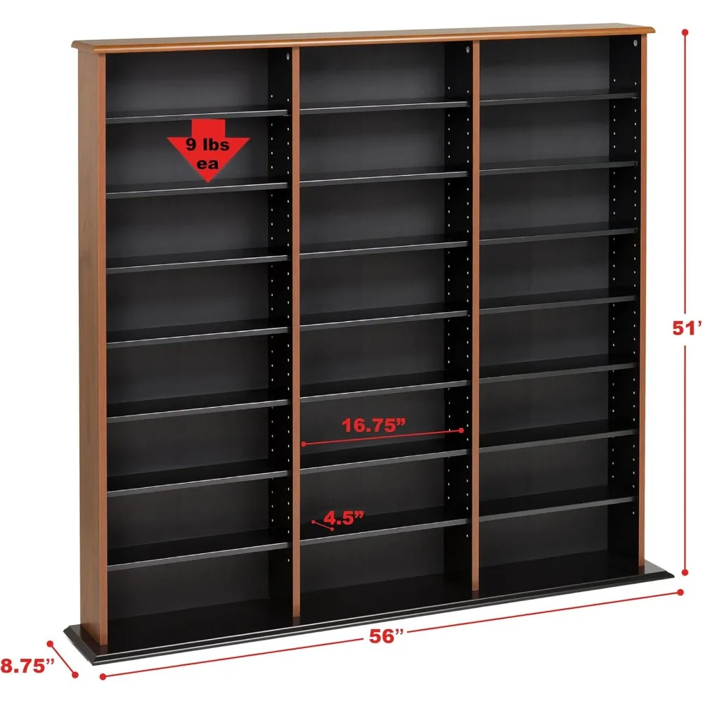 Armário alto cereja e preto de largura tripla para armazenamento de mídia