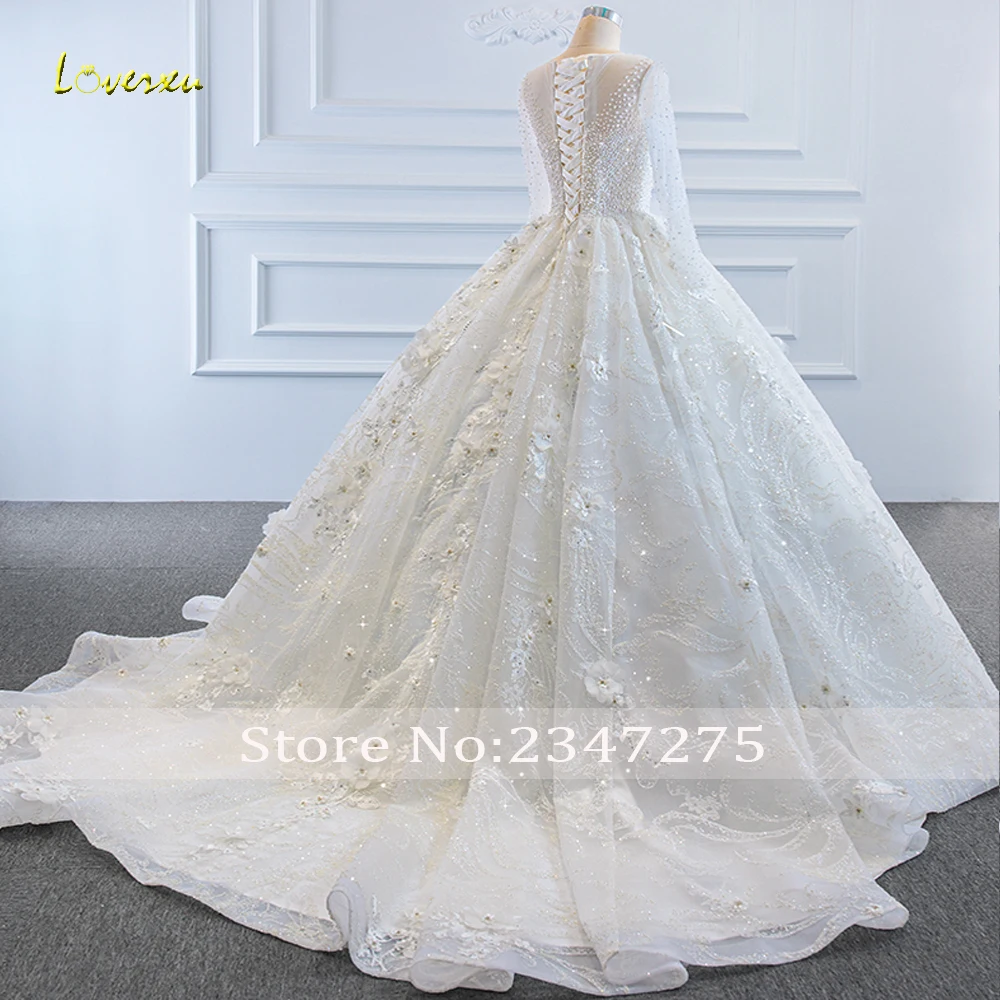 Loverxu Ball Gown Luxury Wedding Dresses O-Neck Long Sleeve Vestido De Novia Lace Beaded 3D Flowers Custom Made Bridal Gown