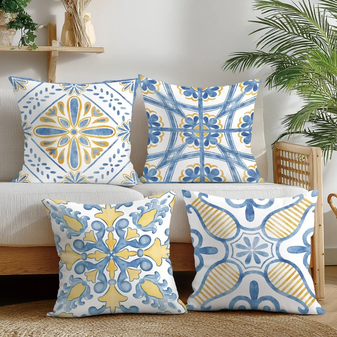 Set of 4 Decorative Throw Pillow Covers with Blue and Yellow Mediterranean Tile Pattern for Sofa Couch Decor