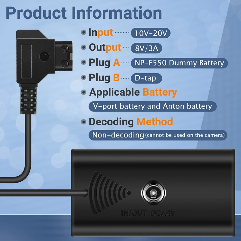 Power Adapter Cable For D-Tap Connector To NP-F Dummy Battery For Sony NP F550 F570 NP F970