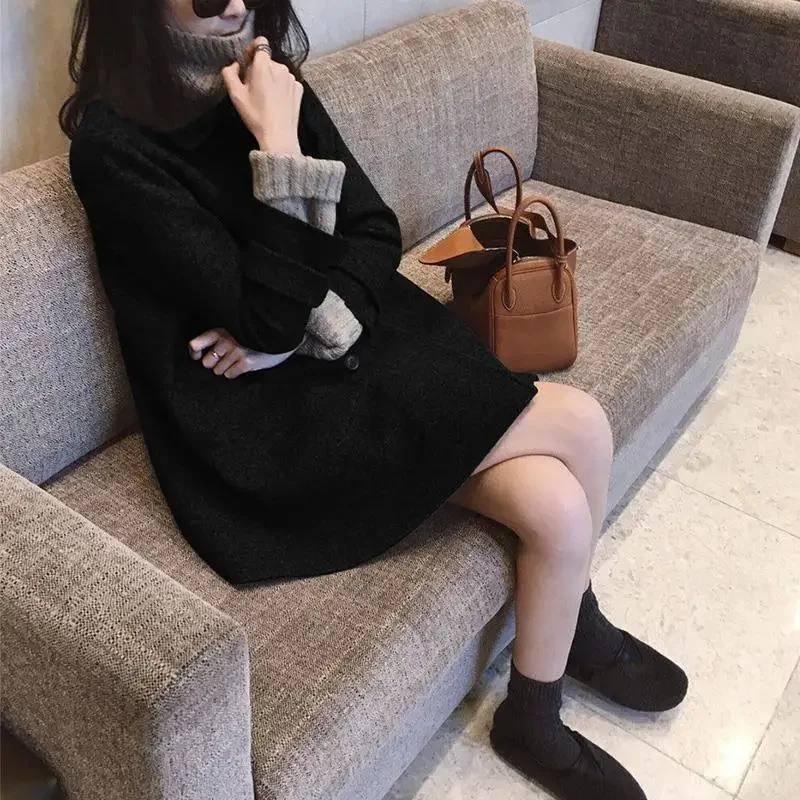 

Wool Blends Women Solid Double Breast Thicker Autumn Womens Retro Ulzzang Korean Style Loose Trendy Outwear Overcoats Chic Warm