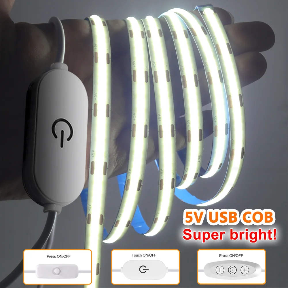 5V COB LED Strip Light 320LEDs/M Touch Sensor Dimmable USB Flexible LED Ribbon Adhesive Tape DIY Mirror TV Backlight Night Light