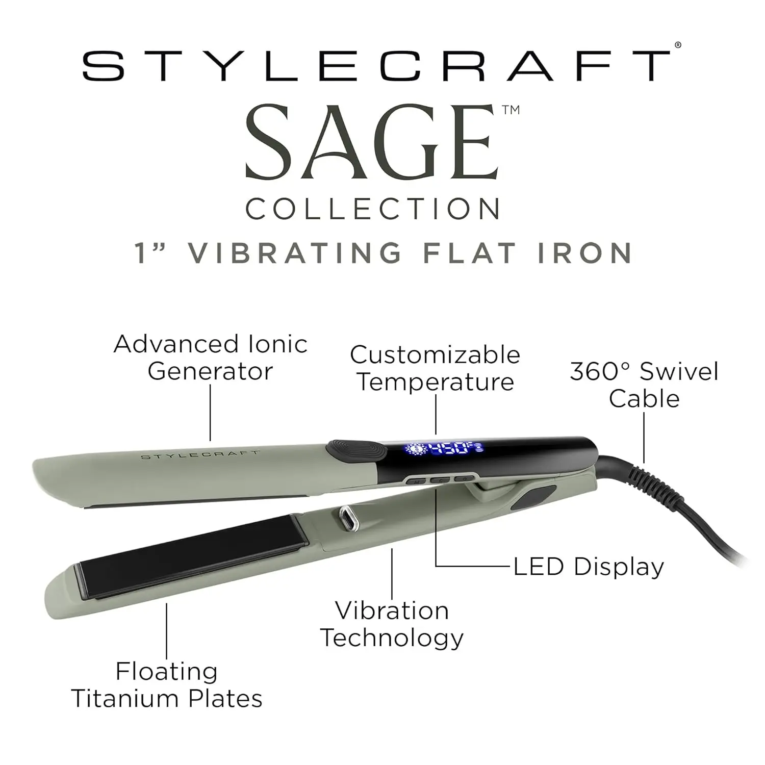 Picture 3: StyleCraft Sage – Professional Smooth Gliding Vibrating 1”-Inch Keratin Sealing Flat Iron with Titanium Plates and LED Display f