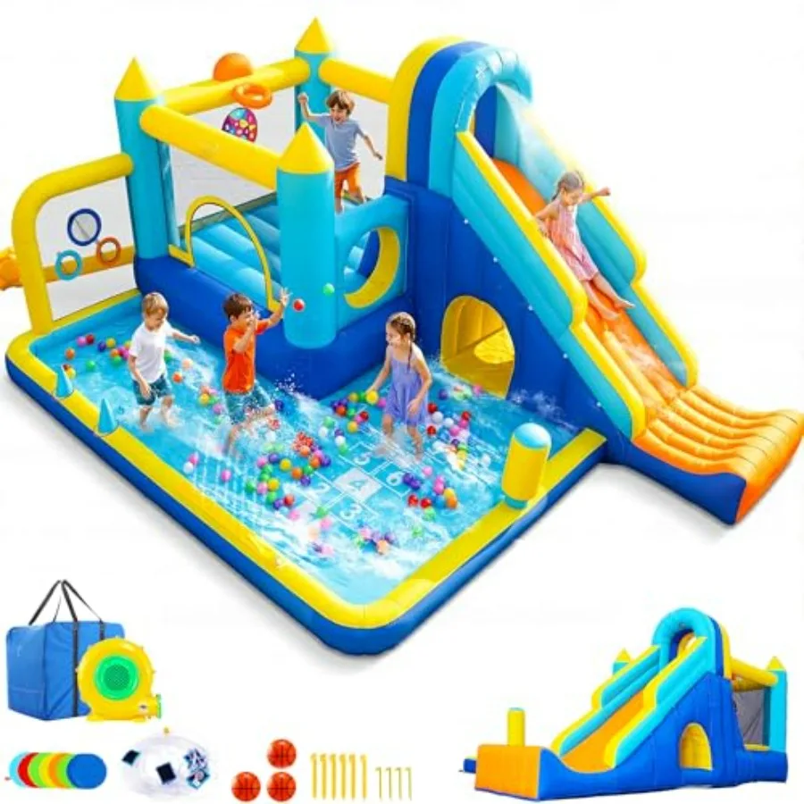 

15-in-1 Inflatable Water Slides Bounce Castle with Blower for 3-12 Indoor Outdoor Jumping Bouncer w/Slide Splash Pool Climbing