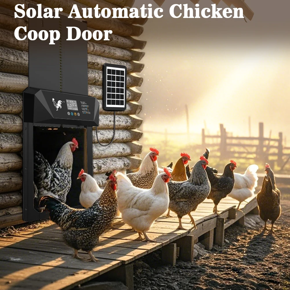 

Upgraded solar powered automatic chicken coop door with remote control, timer LCD screen, anti pinch protection design