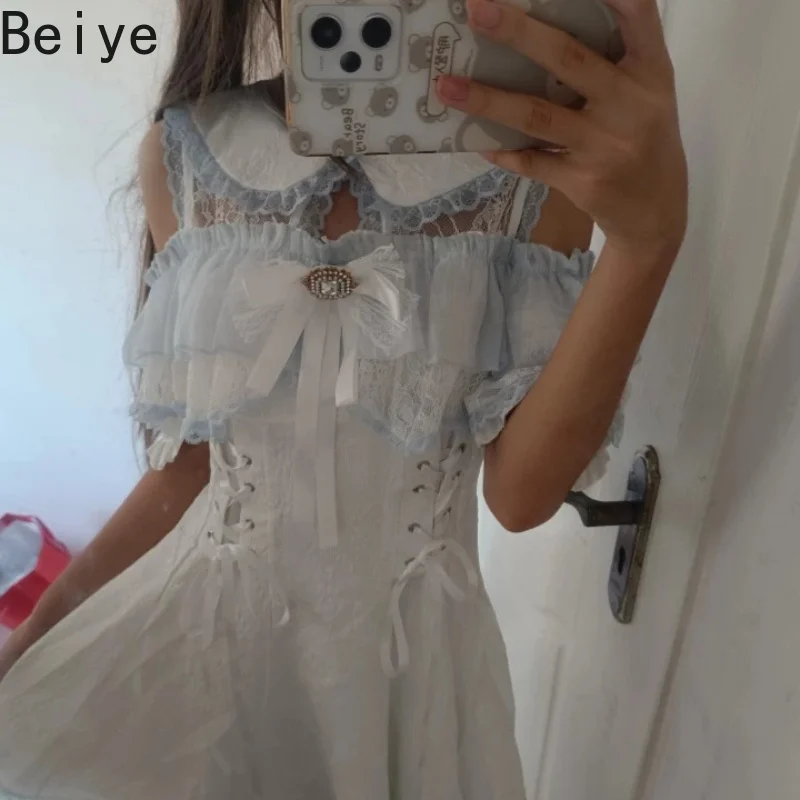 Girl Cute Short Sleeve Dress Japanese Style Knee Length Off-Shoulder Dress Casual Elegant Sweet Women's Short Dresses
