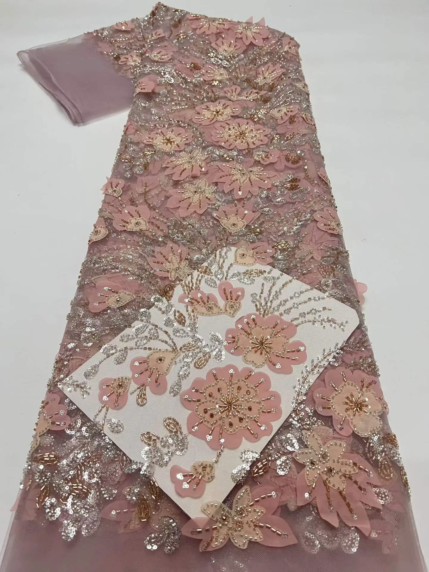 

2026 High Quality African Lace Fabric Sequins Mesh Lace Luxury Beads 3D flowers Embroidered Tulle Lace Fabric For Sewing