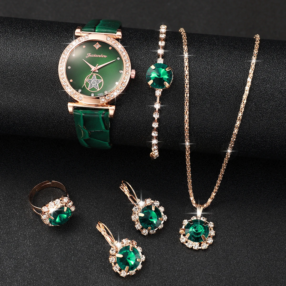 6 stks/set Dames Groen Lederen Band Quartz Horloge met Diamanten Sieraden Set