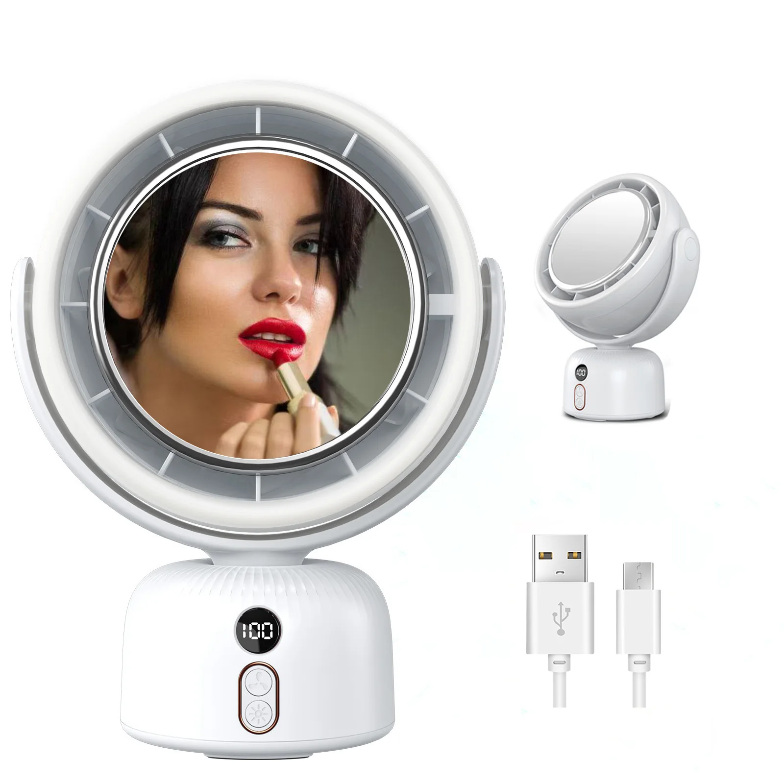 F2 Portable Makeup Mirror with Rotating Desk Light USB Charging Small Wall-Mounted Fan Supplemental Lighting for Desktop