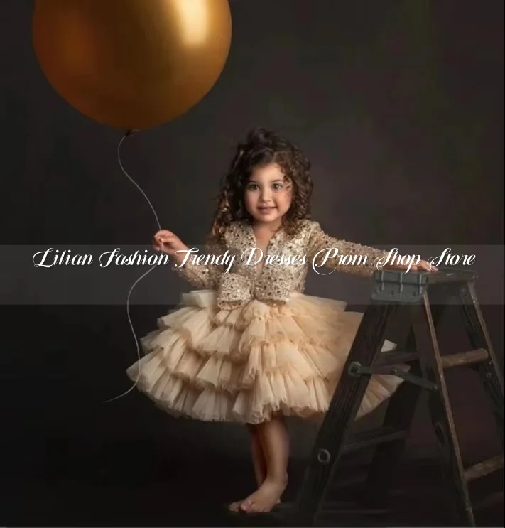 

Champagne Flower Girl Dress Exquisite Long Sleeve Beaded Appliqué Lace Quinceanera Dresses Baby Birthday فساتين سهرة Customised