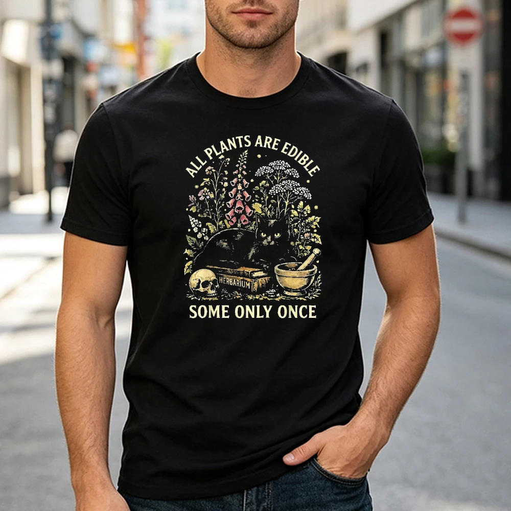 All Plants Are Edible Some Only Once Black Cat Graphic T-Shirt Men Dark Botanical Summer Short Sleeve Tee