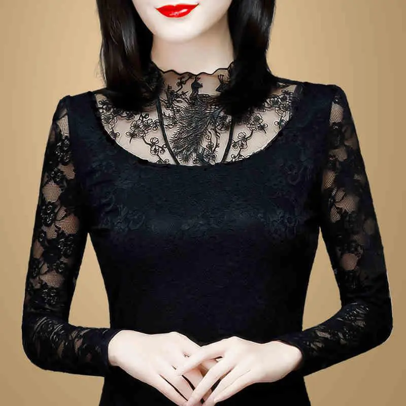 S-4XL Mesh Bottoming Shirt New Long-sleeved Winter All-match Lace Stand Collar Blouse Top Women's Clothing