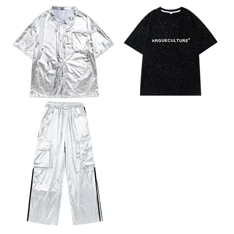 Boys Hip Hop Silver Jacket Street Dance Cargo Pants Girls Sequin Cool Streetwear Kids Jazz Clothes Sets Children Shiny Costumes