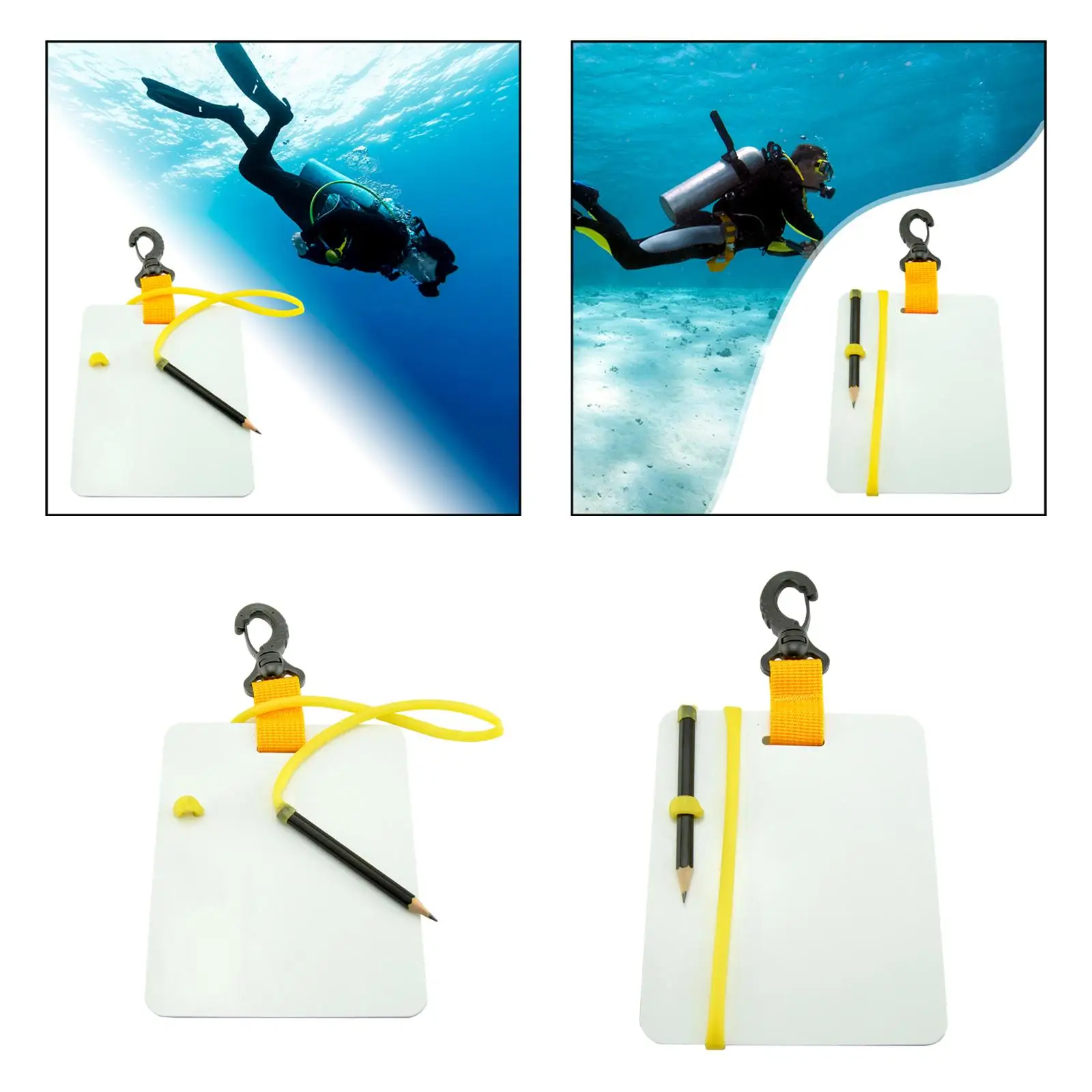 Underwater writing board with clip and pencil. Compact note board for divers.