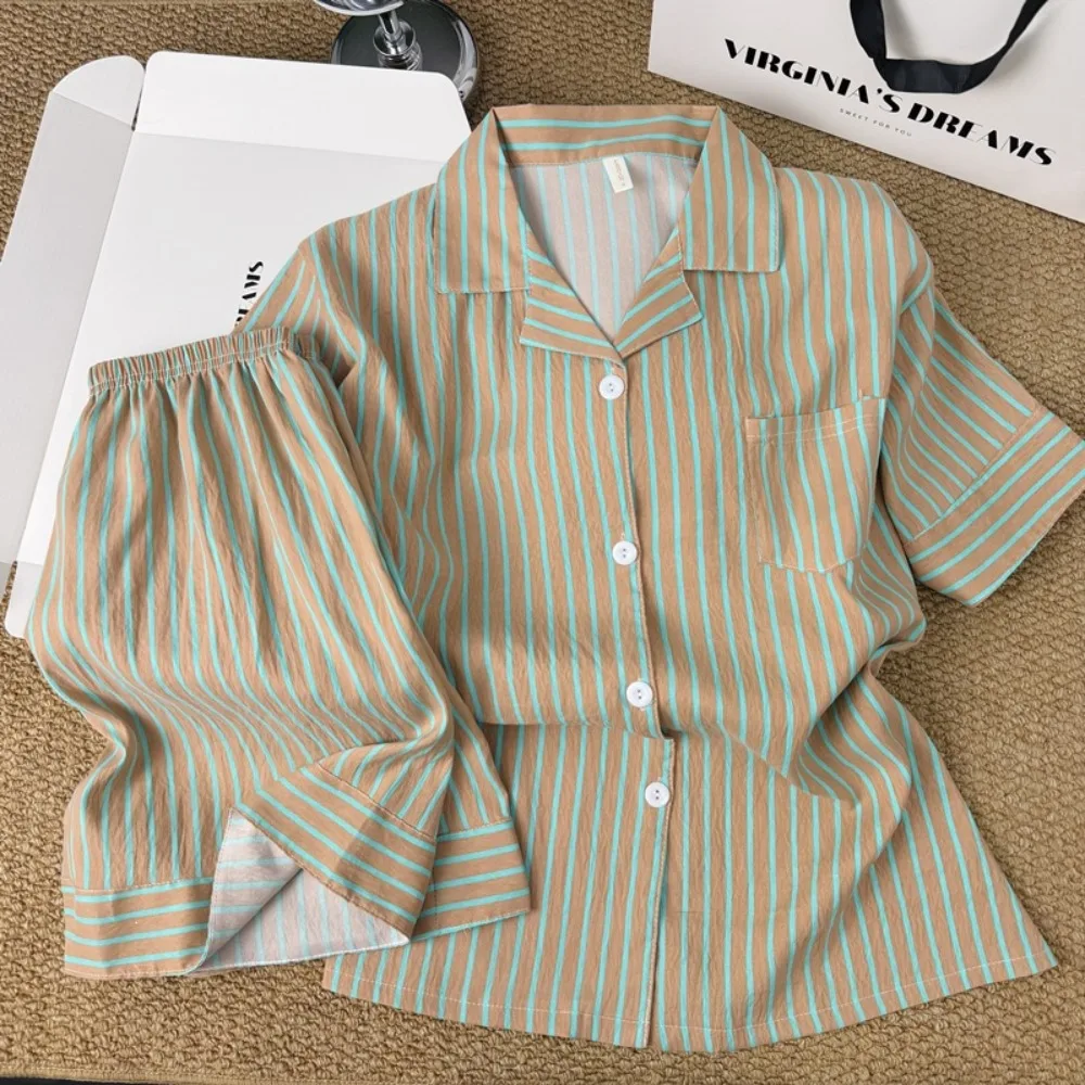 

Striped Home Suit For Women Night Clothes Summer Clothes Two-Piece Ladies Set Short Sleeve Sleepwear Cotton Women's Pajamas Set