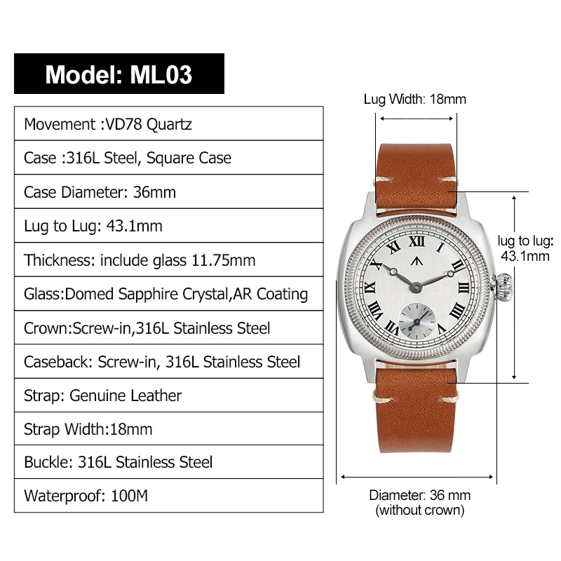 Militado 36mm Retro Dress Watch 316L Steel VD78 Quartz Luxury AR Sapphire MOP Dial 316L Steel Men Dress Wristwatch Reloj Hombre