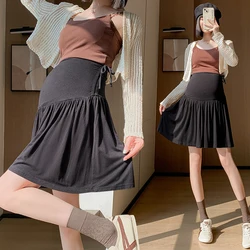 Korean Style Summer Maternity Pleated Skirts High Waist Drawstring Waist Plus Size Pregnant Woman Skorts Belly Skirt with Shorts