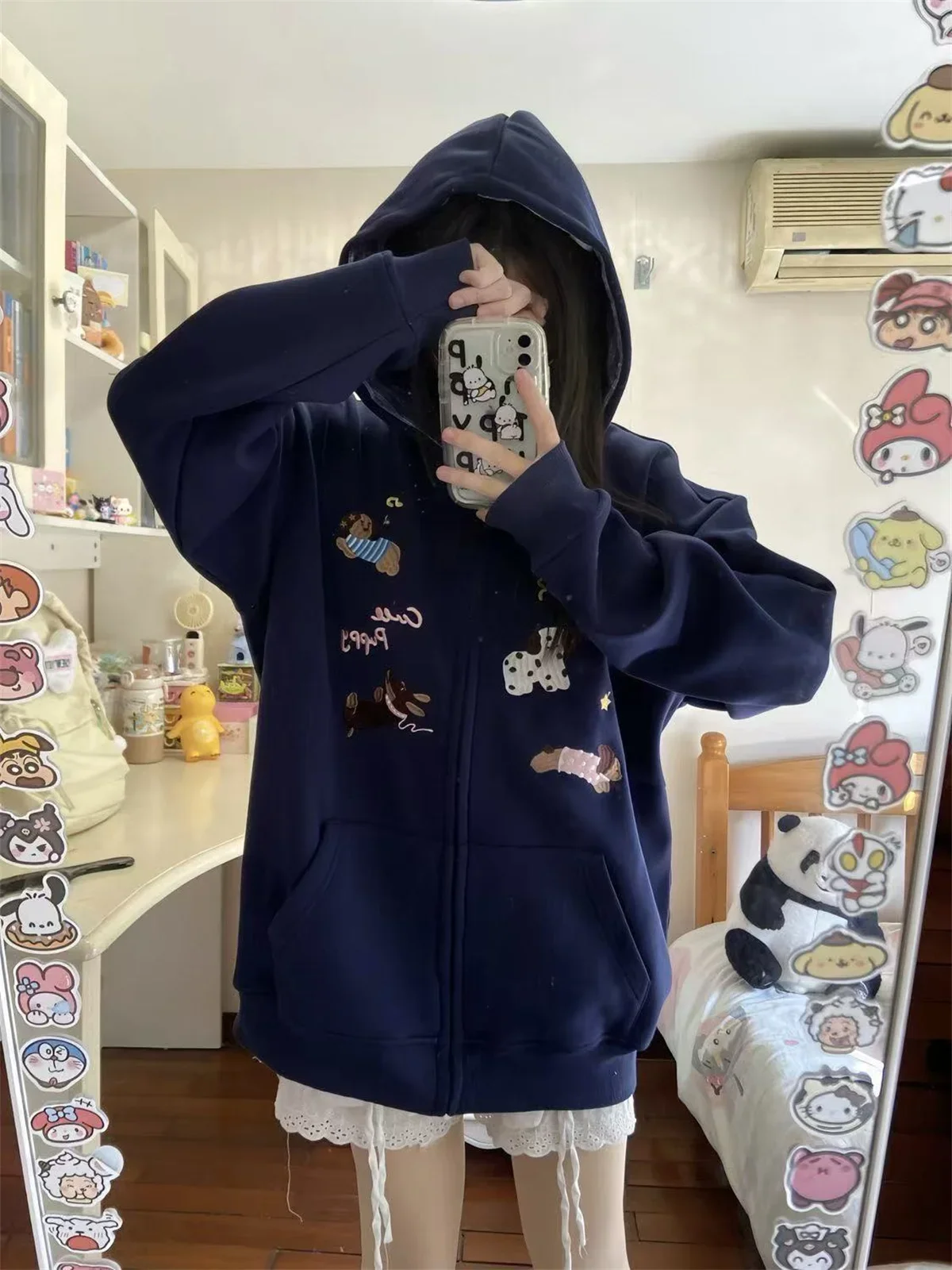 봄과 가을용 얇은 패션 트렌드 캐주얼 윈드 2025 신상 귀여운 소녀 강아지 프린트 포켓 후드 탑 긴팔