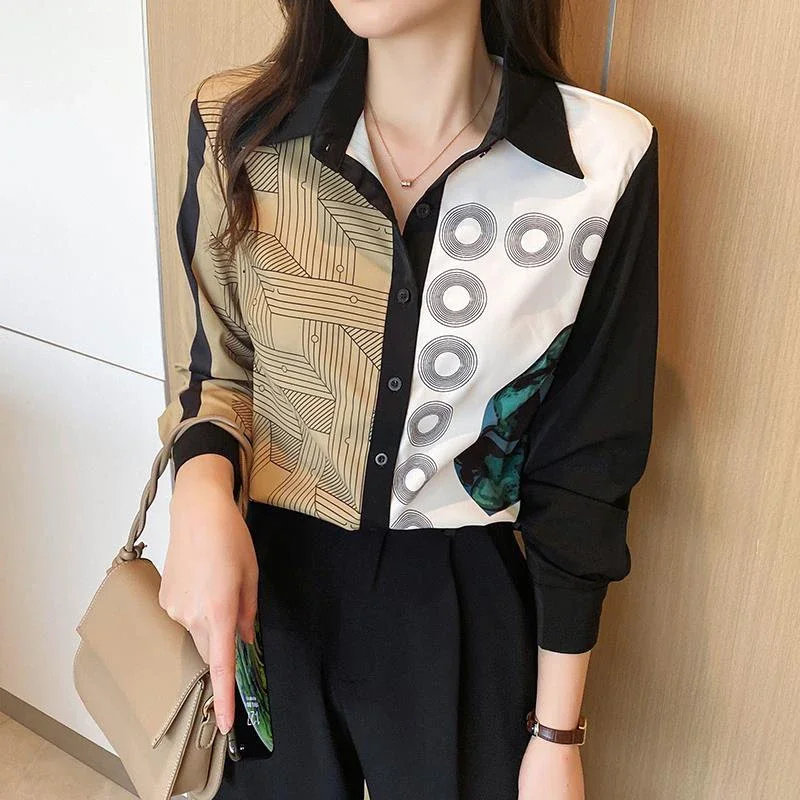 

Spring Autumn Vintage Print Elegant Fashion Chiffon Shirt Office Lady Temperament All-match Buttons Top Women Patchwork Blouse