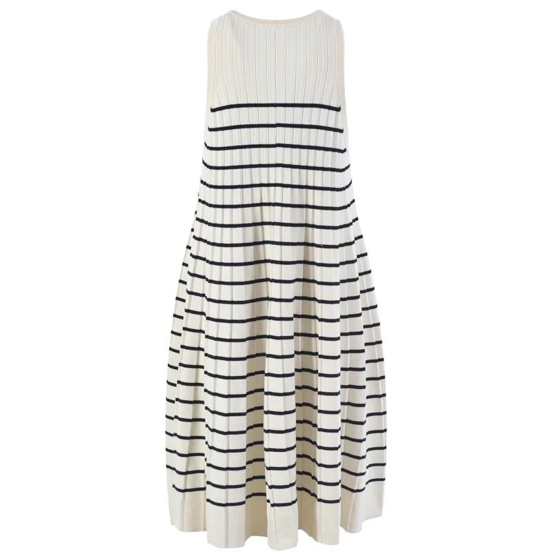 Vestido feminino de malha listrado preto e branco 2025 – vestido fino solto e versátil com camadas finas