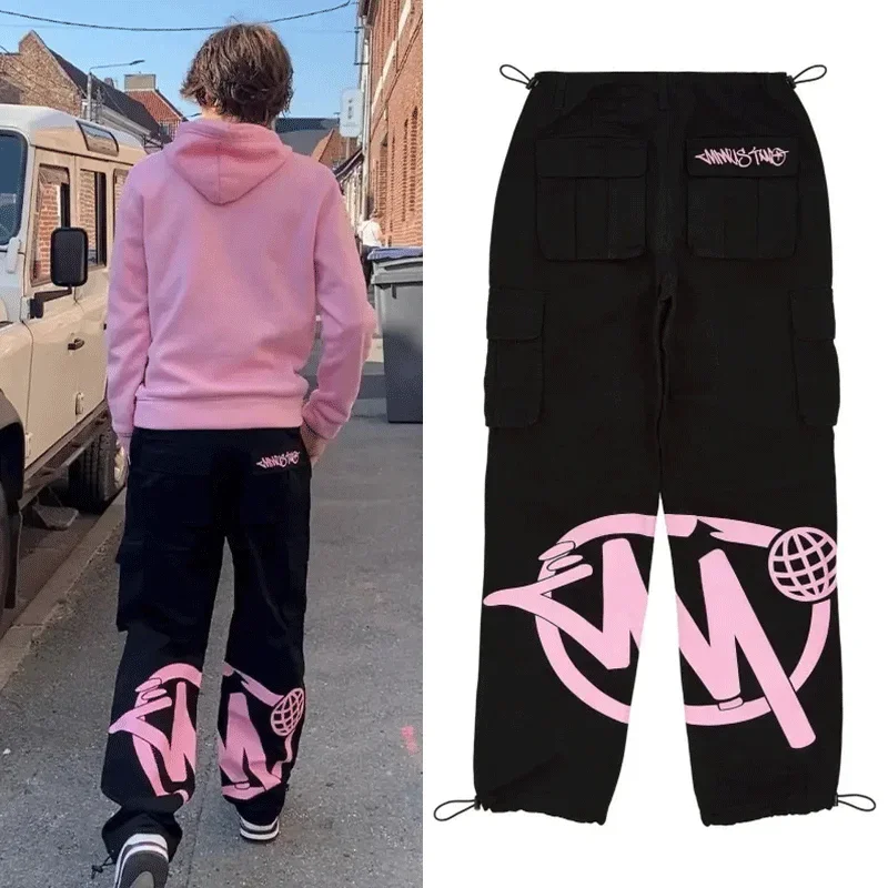 Menos-duas calças compridas com logotipo rosa para homens e mulheres, roupa de ginástica, basquetebol, estilo multi-bolsos, moda Y2K, preto, minustwo