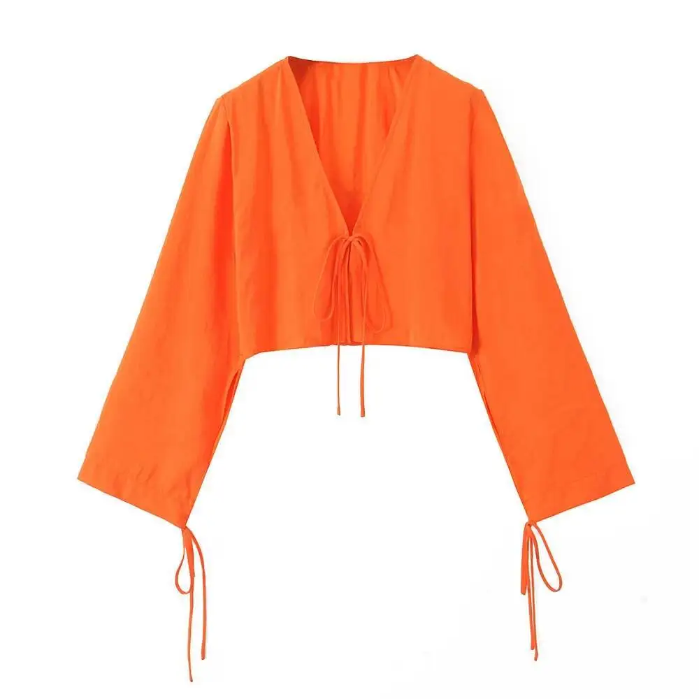 Summer New Product Women's Style Slim Fit V-Neck Long Sleeve Lace Up Flowing Short Shirt Top