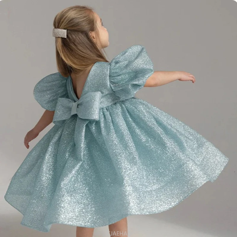 

Party Dress Vestido New Glossy Girls French Dresses Children Costume Puff Sleeve Elegant Back Bow