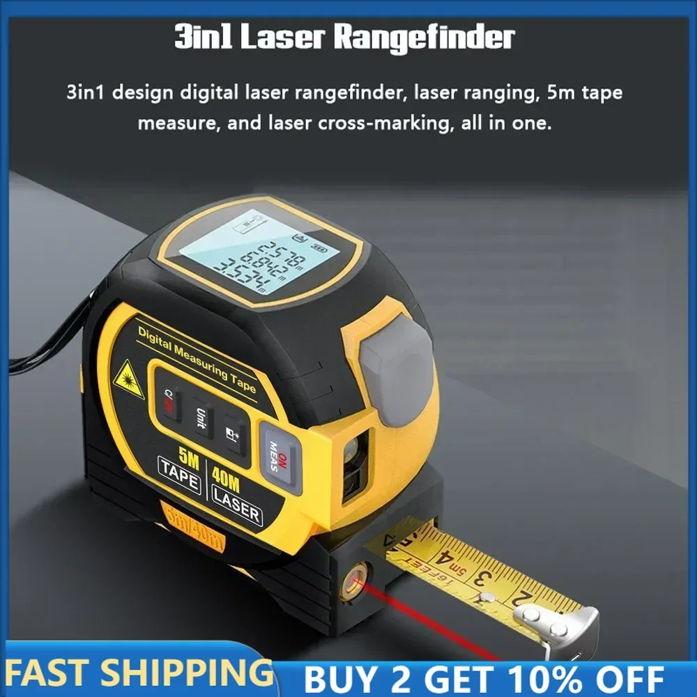 3 in 1 Laser Measure Tape LCD Digital Rangefinder Infrared Ruler 40m/60m Laser Distance Meter Tool  Hook Metric Imperial