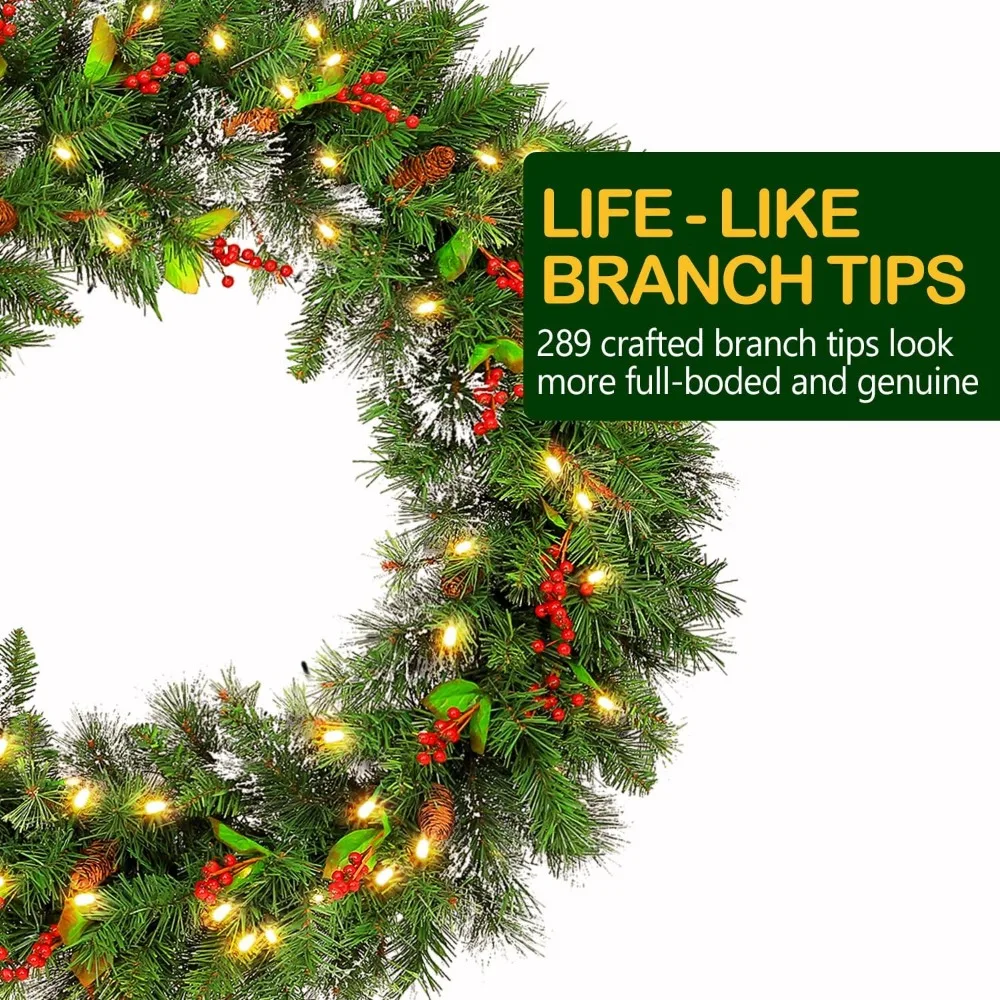 Artificial Christmas Wreath with 150 Warm White LED Lights, 289 Branch Tips, Battery Operated, 36 Inches, Wintry Pine Style