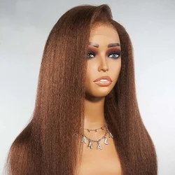 Pretokkelde 180 Dichtheid Bruine Yaki Kinky Rechte Zachte Lijmloze 28Inch Kant Voorkant Pruiken Voor Vrouwen Babyhaar Dagelijkse Mode Synthetische
