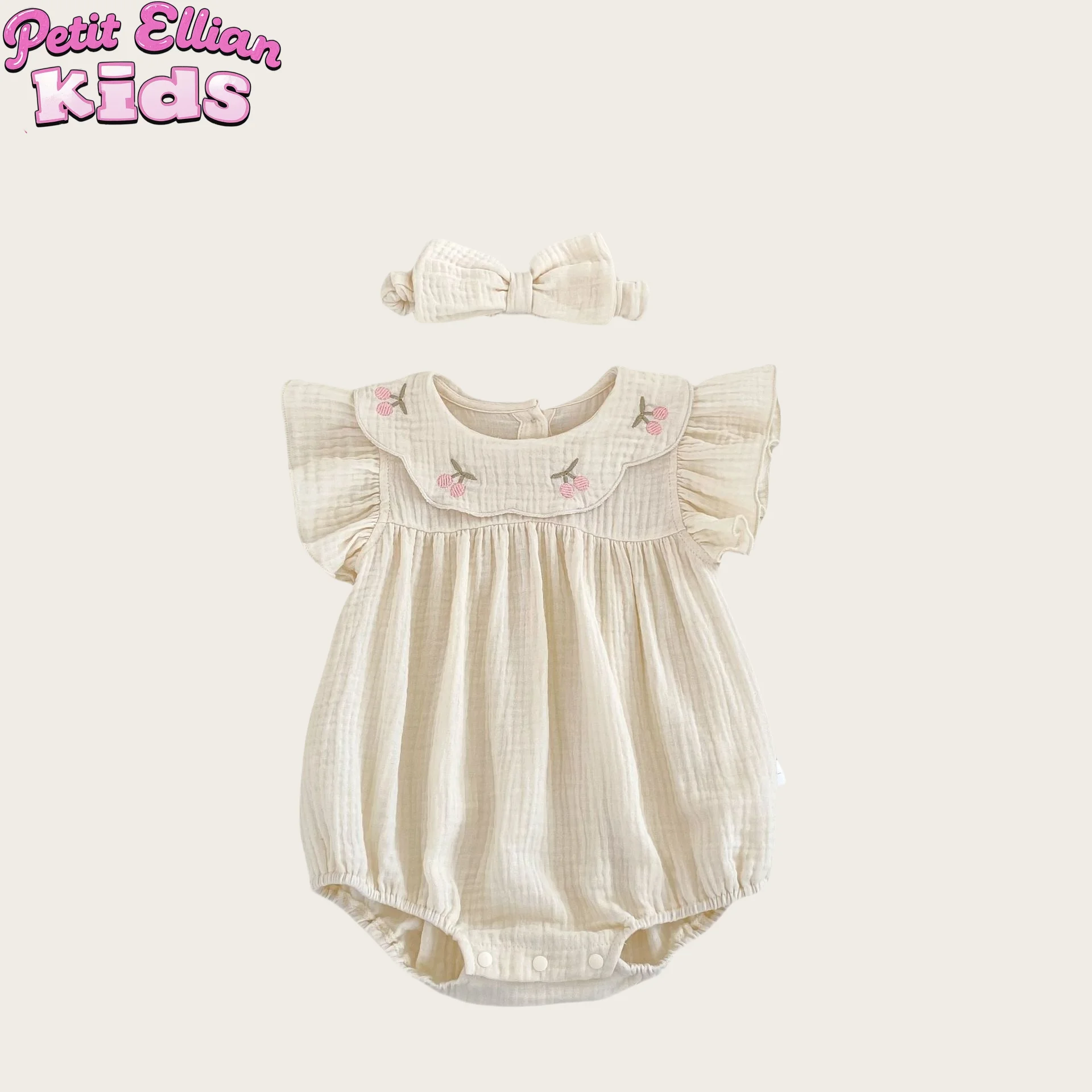 

0 - 2 Y Baby Girls Cotton Ruffled Sleeve Floral Embroidered Romper and Matching Headband-Adorable and Comfort Outfit for Infant