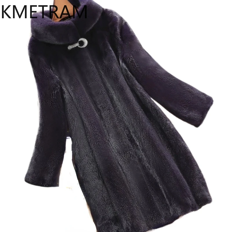 Kmetram jaqueta de pele de vison real mulher nova em outerwears moda quente inverno roupas femininas casaco de pele longo para mulher Шуба Ж Dönusen