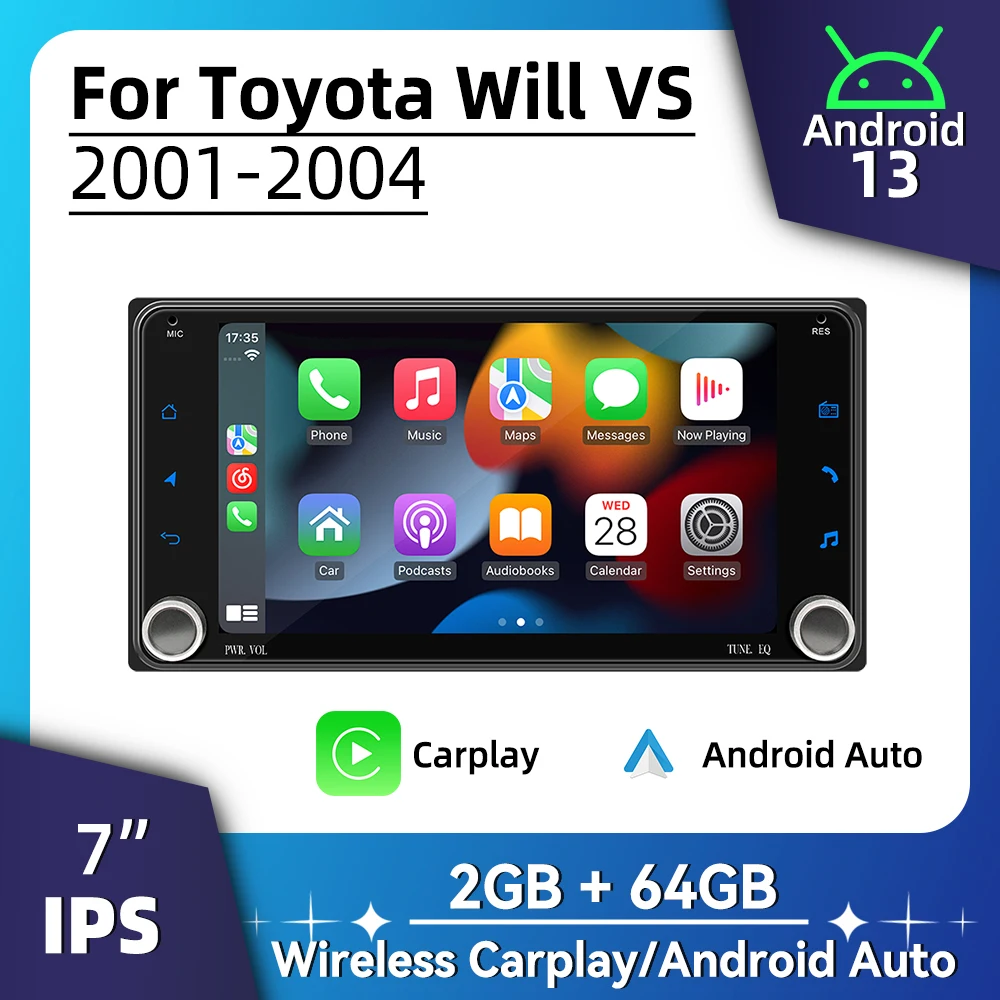 

Автомобильное радио с 7-дюймовым экраном Android 2Din для Toyota Will VS 2001-2004, поддержка беспроводного Carplay, Android Auto, мультимедийное головное устройство, стерео