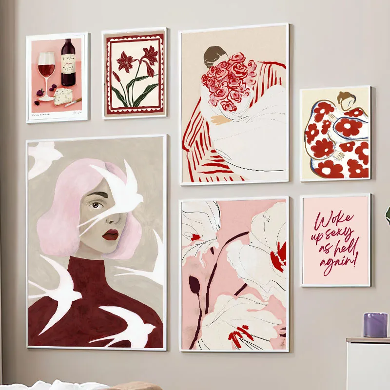 Red Fashion Girl Flower Cat Coffee Abstract Posters And Prints Wall Art Canvas Painting Hotel Bar Pictures For Living Room De