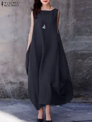 ZANZEA 2024 Fashion Summer Dress Women Holiday Oversized Maxi Dresses Casual Loose Solid Cotton Vestidos Sleeveless O Neck Robe