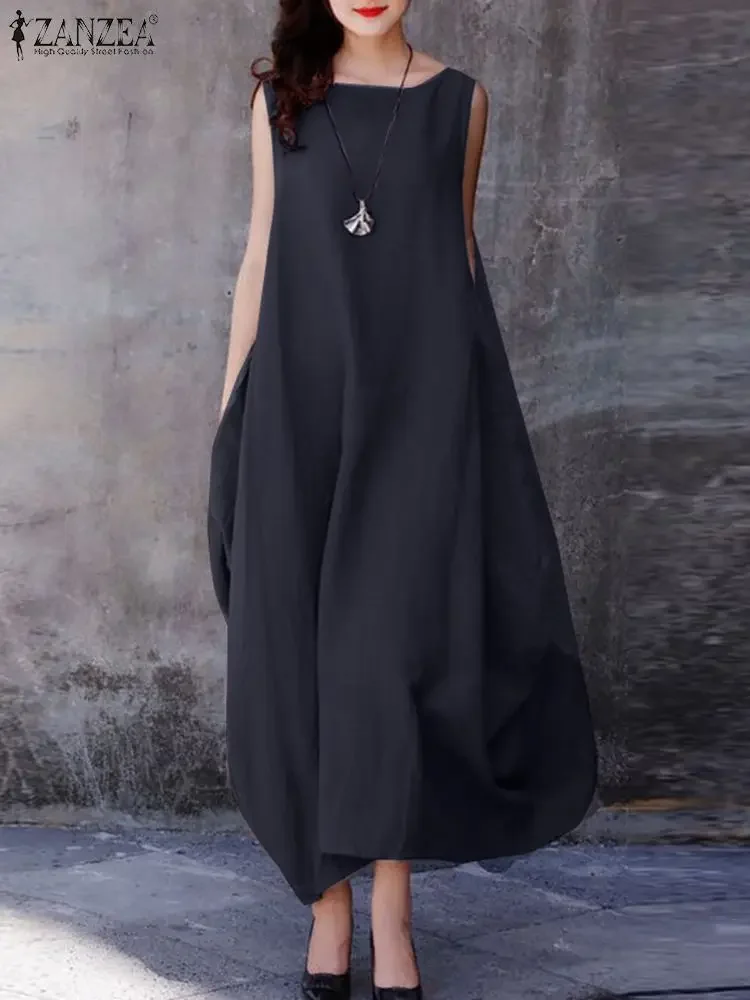 ZANZEA 2024 Moda Letnia Sukienka Kobiety Wakacje Ponadwymiarowe Sukienki Maxi Casual Luźne Solidne Bawełniane Kamizelki Bez Rękawów O Szyja Szlafrok