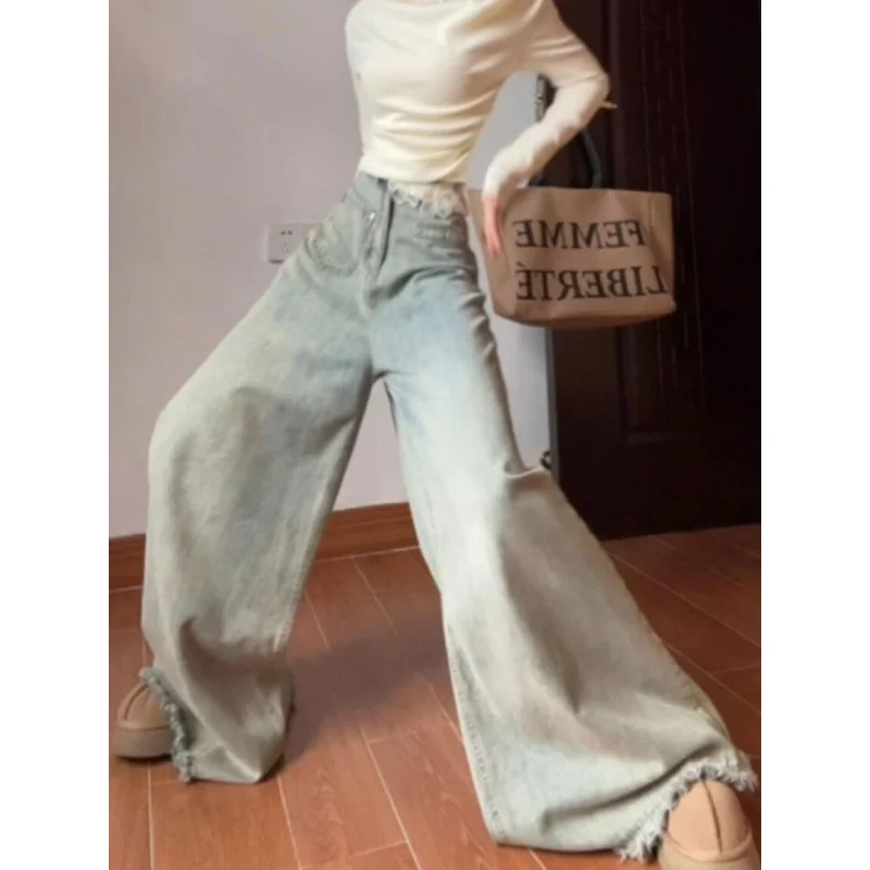 2025 Jeans da donna a gamba larga a vita alta azzurri con vita in pizzo e orlo sfilacciato Pantaloni in denim larghi Moda Casual Streetwear
