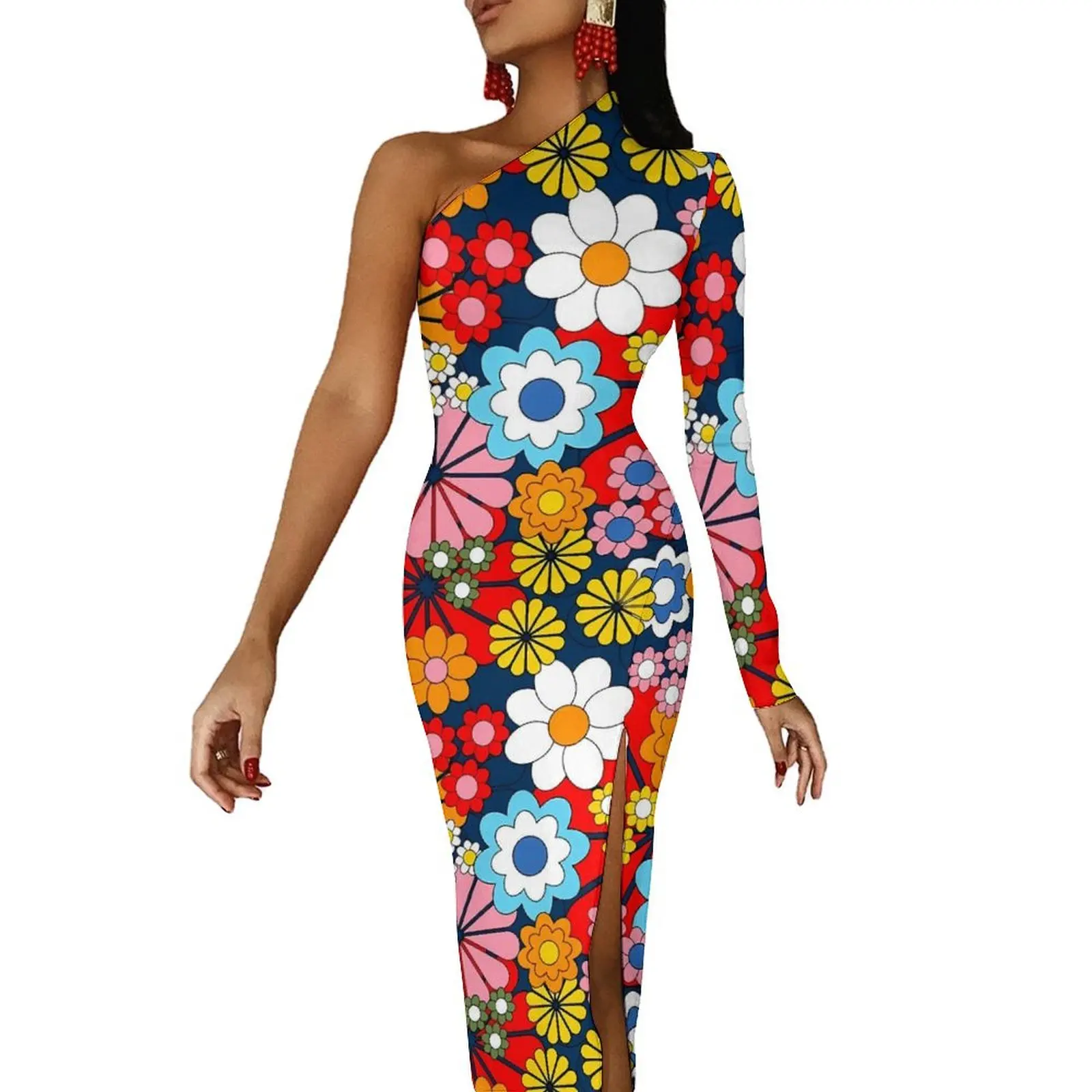 

Floral Print Maxi Dress Long Sleeve Blue Retro Bright Kawaii Bodycon Dress Spring Party Long Dresses Female Graphic Clothing