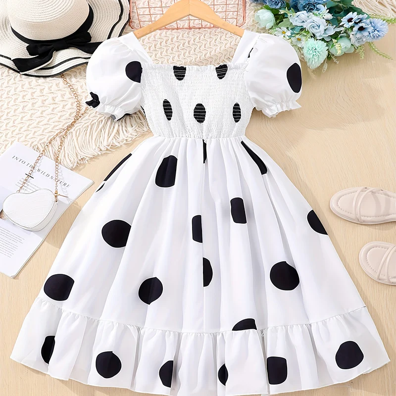 Summer Girls Cool And Breathable Cute Lantern Sleeves Off Shoulder Polka Dot Print Dress Princess Daily Casual Party Dress