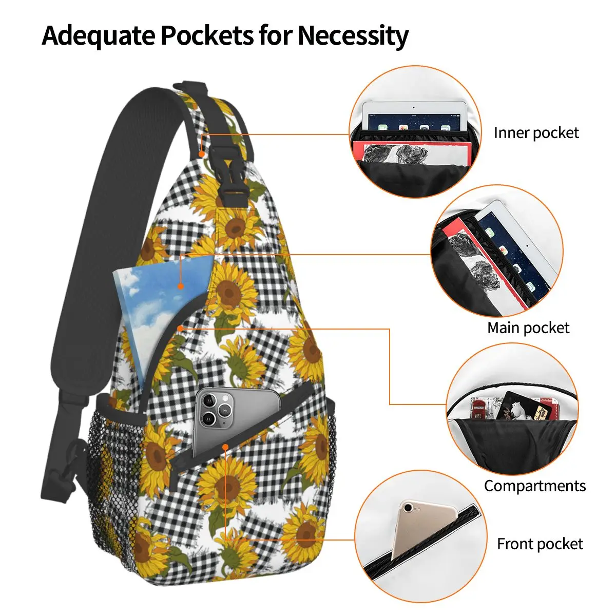 Sunflower Flowers Crossbody Sling Bags Men Women Chest Bag Checkered Patches Shoulder Backpack Daypack Travel Hiking Cycling Bag