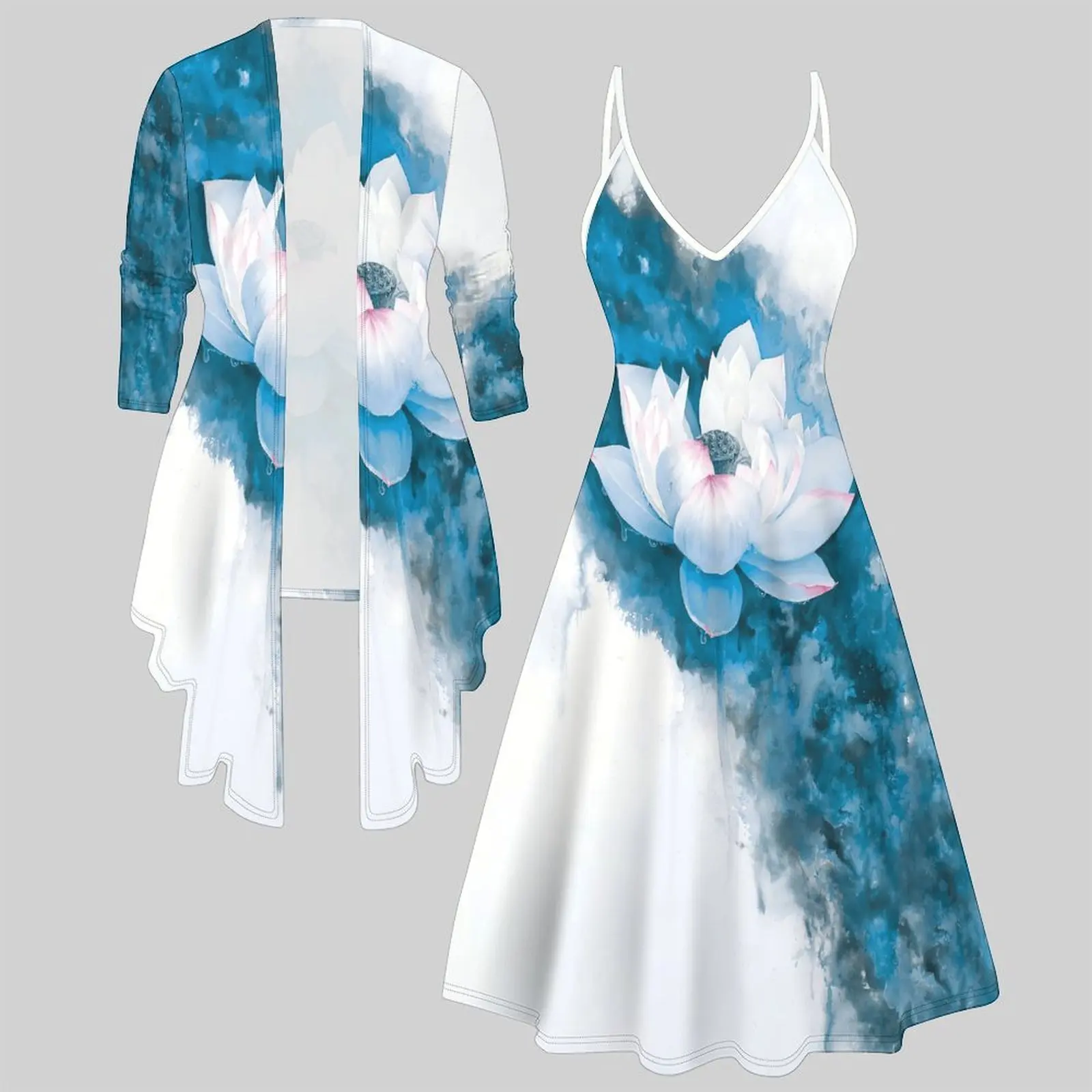 Print Two Piece Set Women Midi Dress 3/4 Sleeve Cardigan Daily Slip Dress Vacation Matching Outfit Irregular Hemline Coat