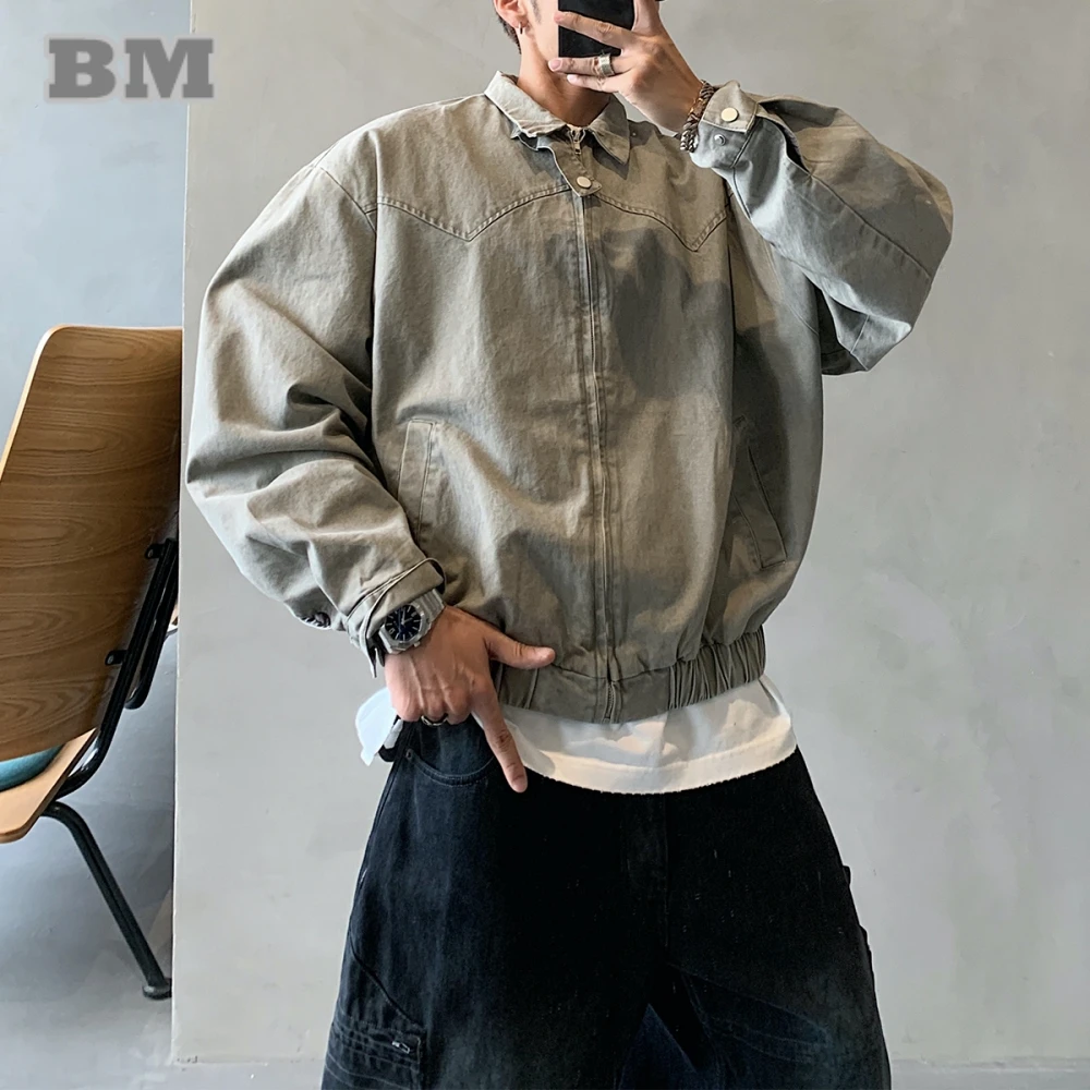

Korean Vintage Washed Distressed Cropped Jackets For Man Streetwear Trendy Lapel High Quality Spring Autumn Loose Cotton Coat