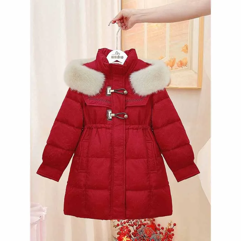 Jaqueta monocromática feminina com capuz, casacos para baixo infantil, casaco acolchoado infantil, roupa longa, parkas impermeáveis, inverno, 2024