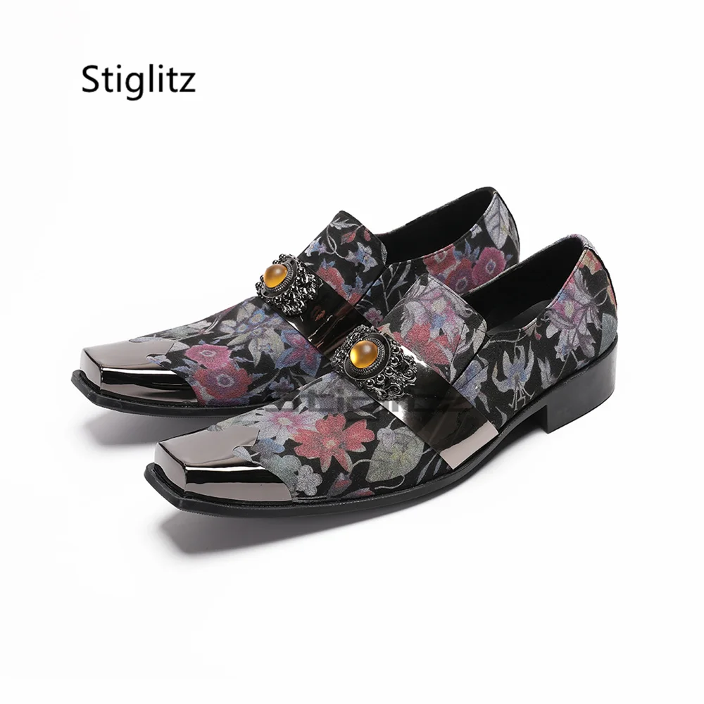 Flowers Prints Square Toe Dress Shoes for Men Gem Strap Metal Toe Casual Business Shoes Luxury Party Wedding Shoes Bridegroom