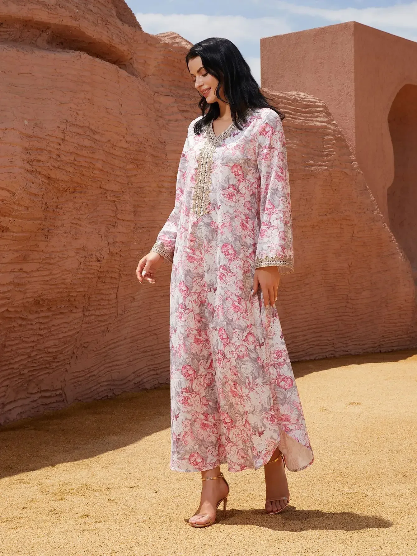 이드 아바야 여성 드레스 무슬림 플로럴 V넥 두바이 베스티도스 라르고스 롱 드레스 카프탄 아랍 로브 파티 카프탄 잘라비야 라마단