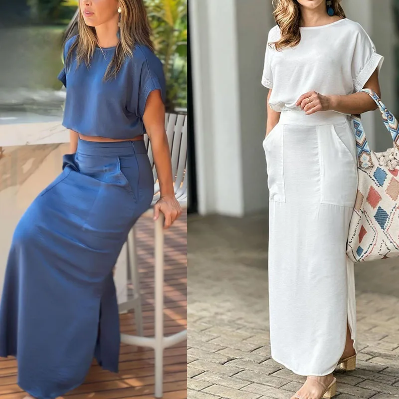 Women Casual Dresses Suits Navy Blue White Ladies Office Dress Sets Short Sleeve T-Shirts+A-Line Long Dress Slim Elegant Clothes