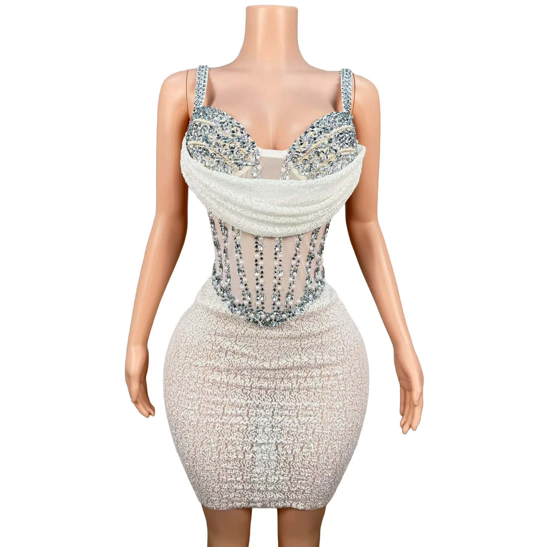 Baishatang Glamorous White Sequin Rhinestone Corset Spaghetti Strap Mini Dress Formal Cocktail Party Nightclub Gown - view 6