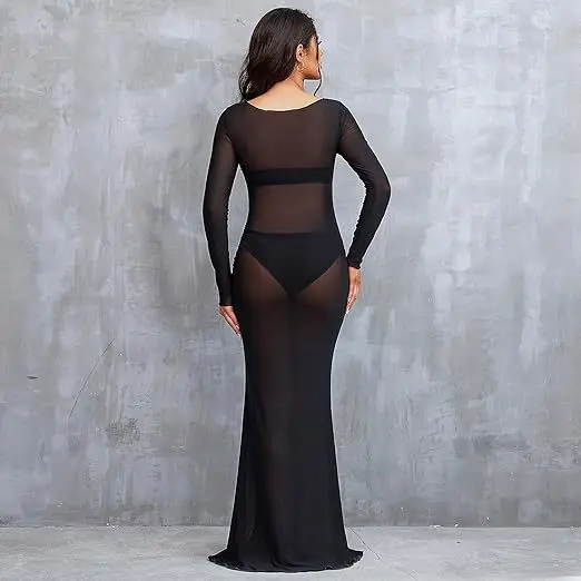 Women's see-through high-elasticity mesh round-neck slim-fit maternity photo shoot floor-length dress