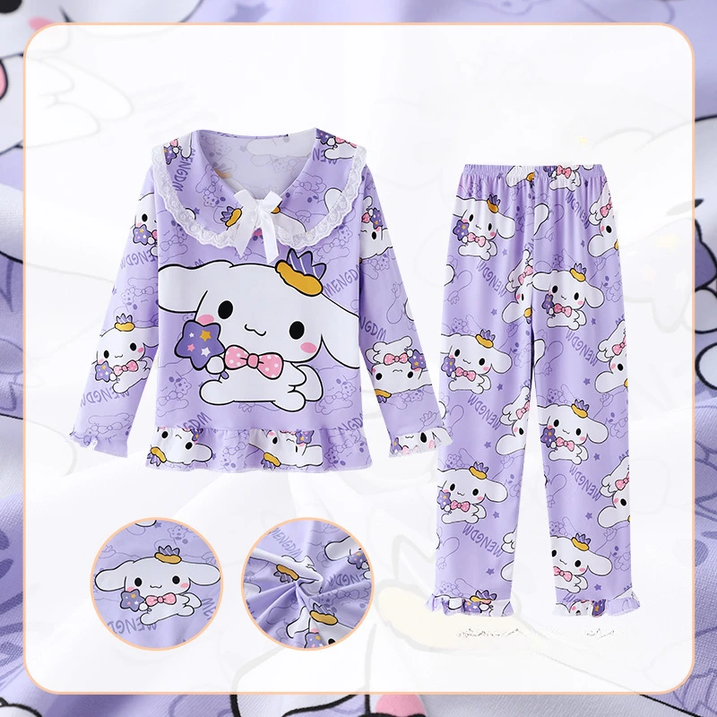 Kawaii Sanrio Kids Pajama Sets Lace Bow Print Comfortable Children Sleepwear Suit Soft Loose Indoor Clothes Autumn Winter